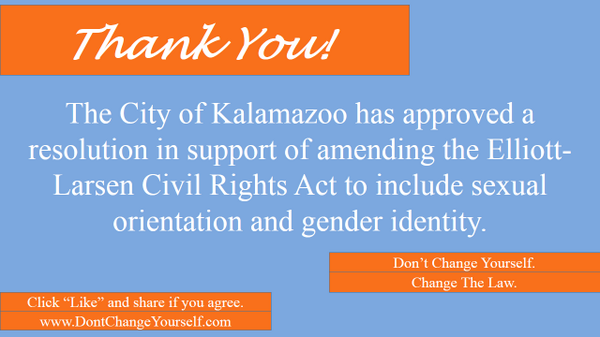 changethelaw's tweet image. Thank you, Kalamazoo, for passing a resolution in support of updating Elliott-Larsen #AmendELCRA #AddLGBT