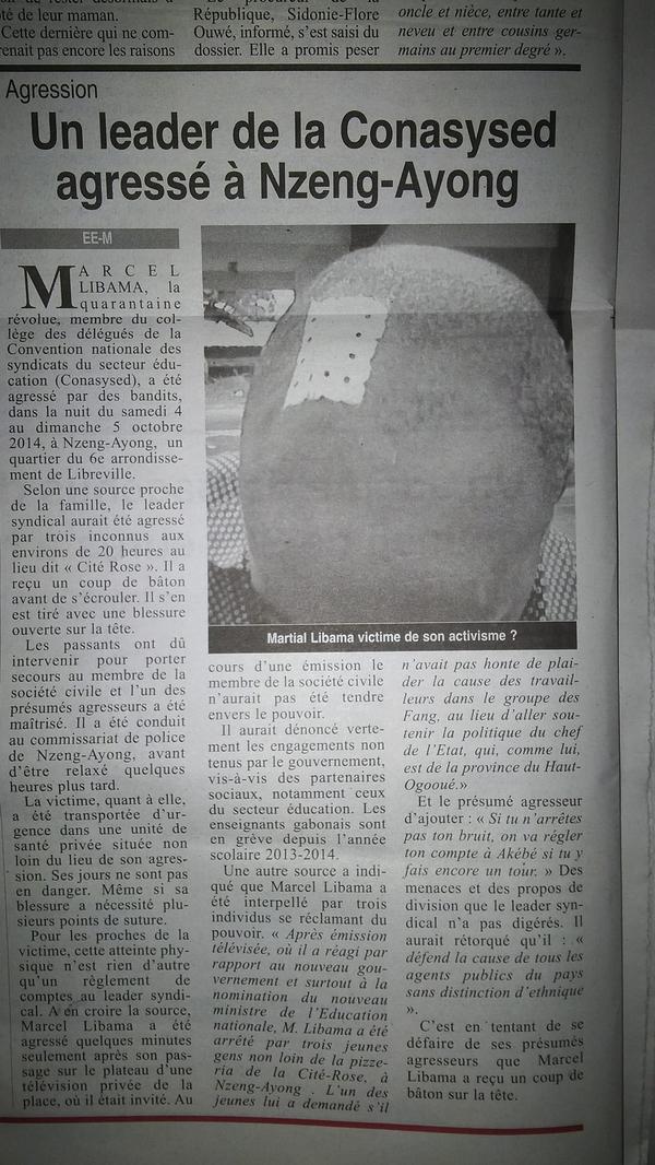OpGabon's tweet photo. #Gabon: un leader syndicaliste qui dérange le pouvoir agressé. #Libama @hrw_fr @amnestyfrance @Survie @oxfamfrance http://t.co/TuFWVqSC3I