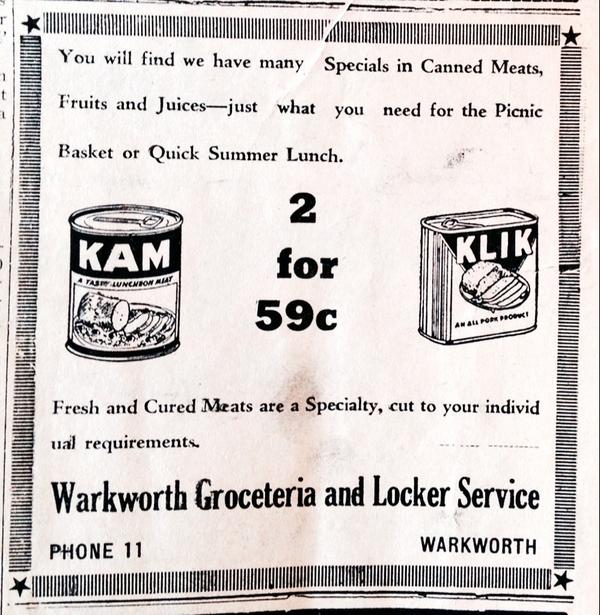 wworthjournal's tweet image. VINTAGE JOURNAL ADS (1960): Warkworth Groceteria and Locker Service canned meats special. #kam #klik #phone11
