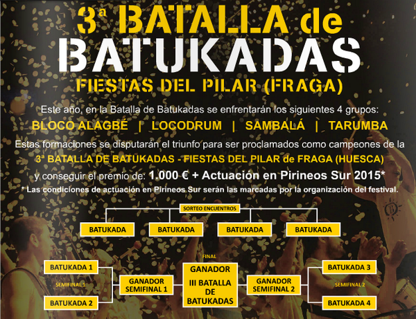 FiestasDelPilar's tweet photo. Semifinales III Batalla Batukadas, 20:30 #recintoPeñas @BatucadaSambala @grupolocodrum @TarumbaPercusio #BlocoAlagbe http://t.co/pHEG4LFkV3
