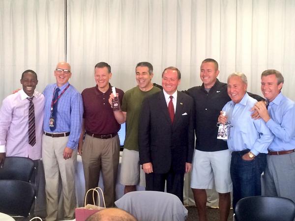 HailStateFB's tweet photo. Dr. Keenum and @stricklinMSU presenting cowbells to the @CollegeGameDay crew this morning. #HailState http://t.co/LdruVInIgO