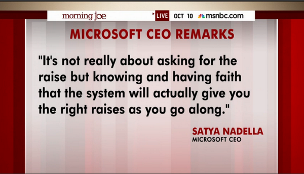 MSNOWNews's tweet photo. .@Microsoft CEO apologizes for suggesting that women should not ask for a raise at work: http://t.co/IPHwuMNaWh http://t.co/XEdd10b9ye