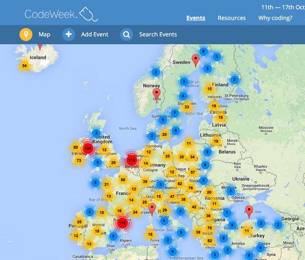 CodeWeekEU's tweet photo. It's official: there are 2,000+ events on the coding map of Europe! http://t.co/2AkUsi91Ed Let's get Europe coding! http://t.co/TsgkrBexnW