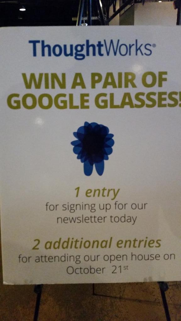 AubreyChipman's tweet image. Come to the #thoughtworks table at #dallastechfest to enter to win a pair of Google glasses!