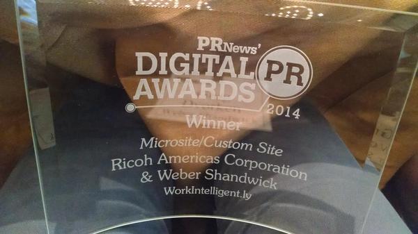 gregdvorken's tweet photo. @ricoh @webershandwick #prnews award for Best Microsite and Custom Site - #workintelligent.ly #winner http://t.co/cJAOJddpyk