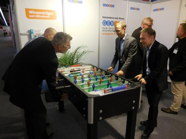 matt_turner_nyc's tweet photo. Fossball at #FBF2014 @ade_carr takes on @jochenjoerg w/help from @chrkohl and DQuinlan. Yes AC won and beat me too! http://t.co/6bYtDBkKUL