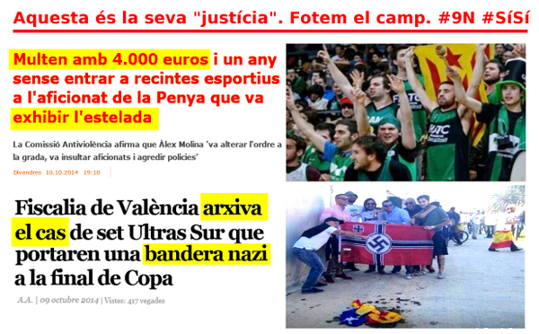 denterd's tweet photo. ➜UltrasSur amb bandera nazi cremen estelada = CAS ARXIVAT
➜Aficionat de la Penya amb estelada = DETINGUT+MULTA 4000€ http://t.co/6tB7kBTwFV