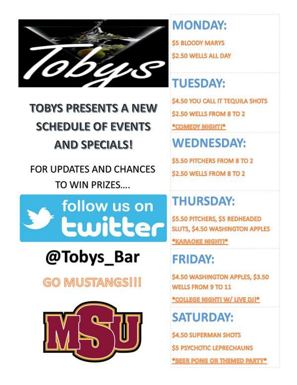 Tobys_Bar's tweet image. College Night is here!! Come see DJ Master Blaster and get a few drinks! Also, check out our new schedule!!