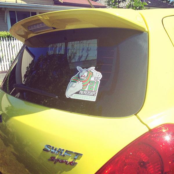 angelikiii's tweet photo. My BF just got his #rabbitohs sticker designed by @aretem_art. I think @russellcrowe needs 1 4 his car 😏 #southsydney http://t.co/XoA1yADFG4