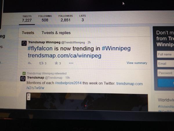 AdventurersInc's tweet photo. #flyfalcon is trending in Winnipeg!! http://t.co/Jy3ZeBIbpr