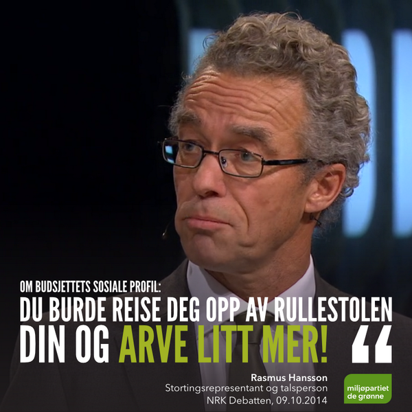 Enig i <a href="/rasmusjmh/">Rasmus JM Hansson</a> sin beskrivelse av #statsbudsjettet sin sosiale profil i #nrkdebatt? facebook.com/miljopartietde…