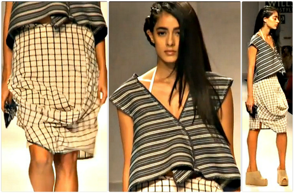 Boldsky's tweet photo. A Twist To The Skirt & A Top Of Strips ! By @urvashi_kaur at #WIFW #WIFW15 @TheFDCI @WillsLifestyle @itcfiamadiwills http://t.co/bvCKU5EU4I