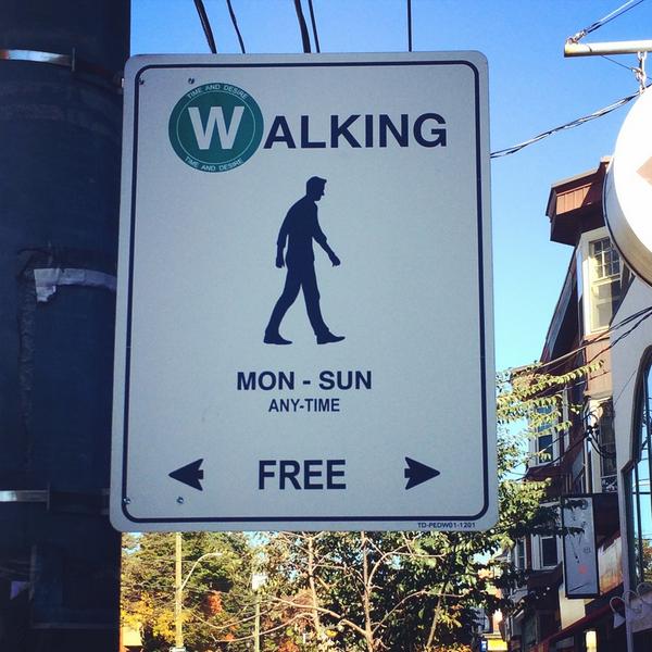 PeoplesQueenSt's tweet photo. Our kind of sign! RT @aurbanist: In place of a #parking sign, someone placed a #walking sign. Cool! #Roncesvalles http://t.co/pplnXwfwtx