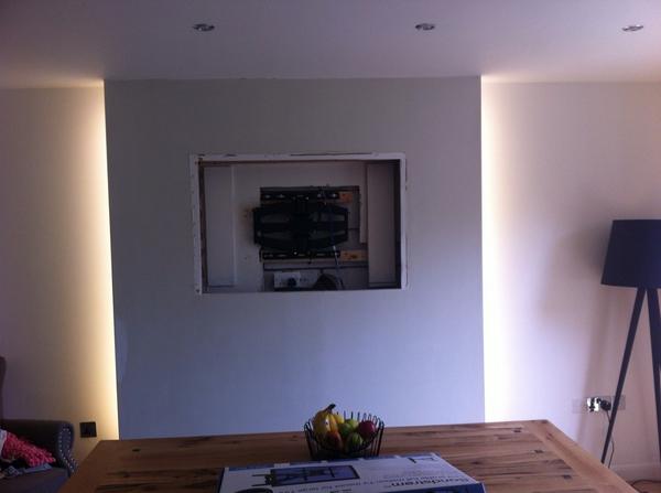 Hidden LED lighting tape and brackets installed, awaiting TV. #liveinstall <a href="/officialNICEIC/">NICEIC</a> <a href="/TrustMarkUK/">TrustMark</a>