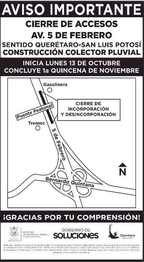 SSPMQueretaro's tweet photo. "@poesqro:Tome sus precauciones,a partir del lunes cierre de accesos a 5 de Febrero por obras a cargo de la SDUOP. http://t.co/xjDctTcSJJ"
