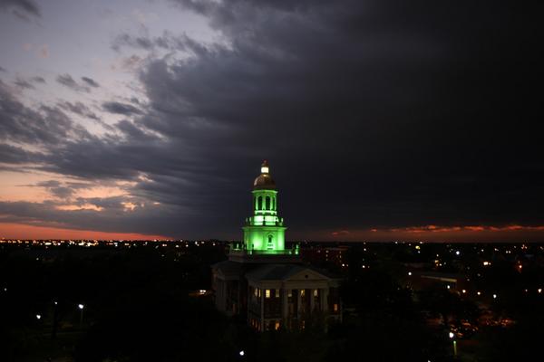 Baylor's tweet photo. We should leave Pat Neff Hall tower green for the entire week after that game! Congrats @BUFootball! #instantclassic http://t.co/Mqj3Q2ntAh