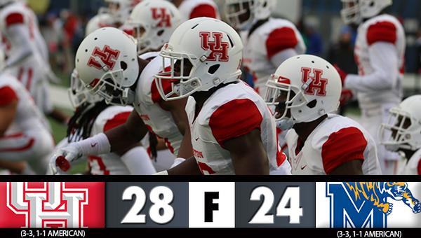 UHCougarFB's tweet photo. HOUSTON WINS! Coogs earn 28-24 win at Memphis ... @UH3rdWardD forces 5 turnovers in win! #GoCoogs http://t.co/68Sq6L7vLv