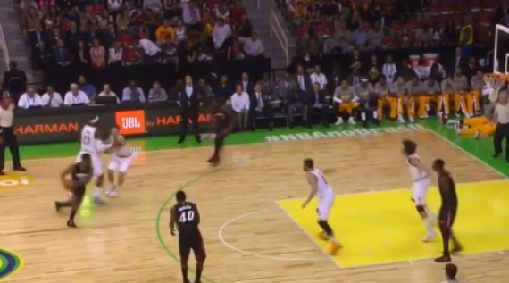 BleacherReport's tweet photo. VIDEO: @KingJames sets a pick for Norris Cole, his former teammate in Miami.  http://t.co/G1MlD9bya8 http://t.co/DuMVoeOm4q