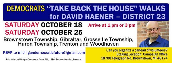 MichDemFuture's tweet photo. Join Democratic Leader @RepGreimel for a door to door walk for @david_haener Sat. Oct. 18th 1 pm in Brownstown http://t.co/8dE330I2uh