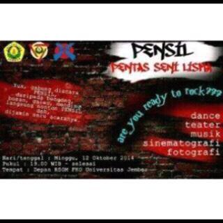 SAKSIKAN:
LISMA (<a href="/lismajaya/">Lisma jaya</a>) proudly present PENSIL!!
Malam ini, 12 Okt 2014
Jam 19.00-selesai
Di dpn RSGM FKG UNEJ
