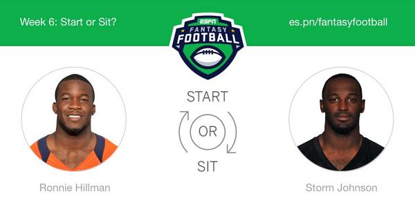 Who should I start this week? Ronnie Hillman or Storm Johnson! <a href="/ESPNFantasy/">ESPN Fantasy Sports</a> #FantasyFootball