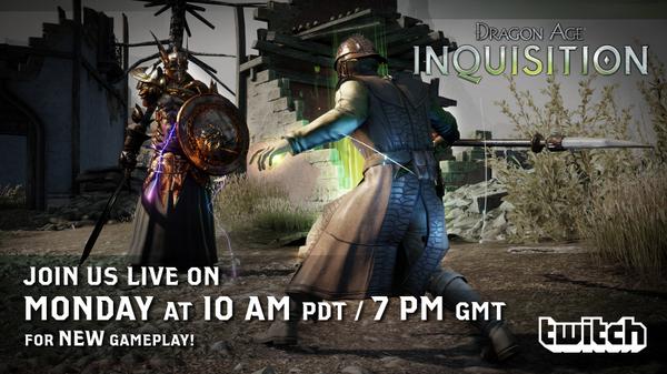 Avoid the Monday doldrums. Watch us play #DAI on <a href="/Twitch/">Twitch</a>! twitch.tv/bioware #MyInquisition