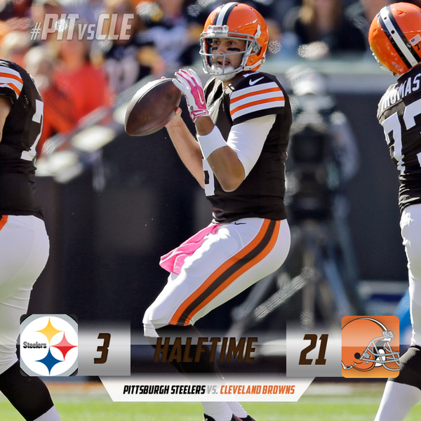 Browns's tweet photo. HALFTIME SCORE: @Browns 21, @Steelers 3.

#PITvsCLE http://t.co/vGhMGB2sei