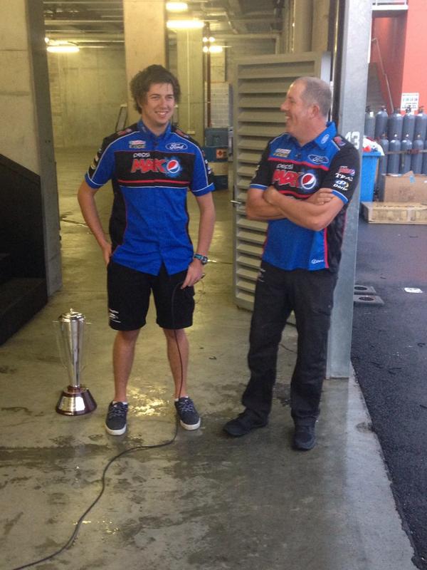 TickfordRacing's tweet photo. @chazmozzie about to go live on @sunriseon7 with The Dude & one special trophy #Back2BackatBathurst #V8SC http://t.co/NtsY6s1VK4