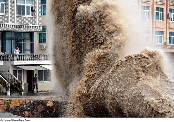 WSJphotos's tweet photo. A wave formed due to the effects of Typhoon Vongfongand in China, and more photos of the day: http://t.co/3yYk9KfTen http://t.co/LJXRtaSLEU