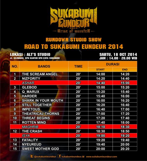 Rundown STUDIO SHOW #RoadToSukabumiEundeur2014 At ALT'S Studio Sabtu, 18 Oct 2014 Jam 14:00 s/d Selesai
