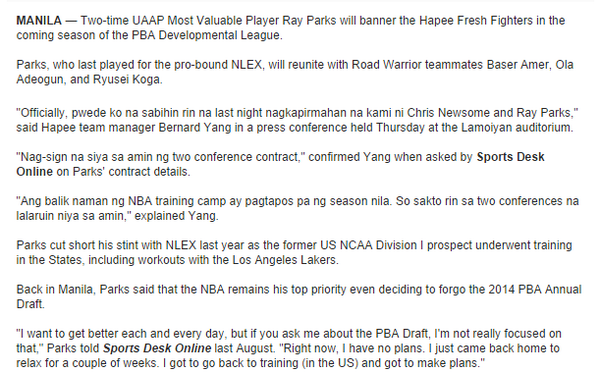 rayrayparks15's tweet photo. As our idol @ray15parks will play for Happee in PBA D league then will go back to US after the said league. #PARKS http://t.co/tReLORkoRh
