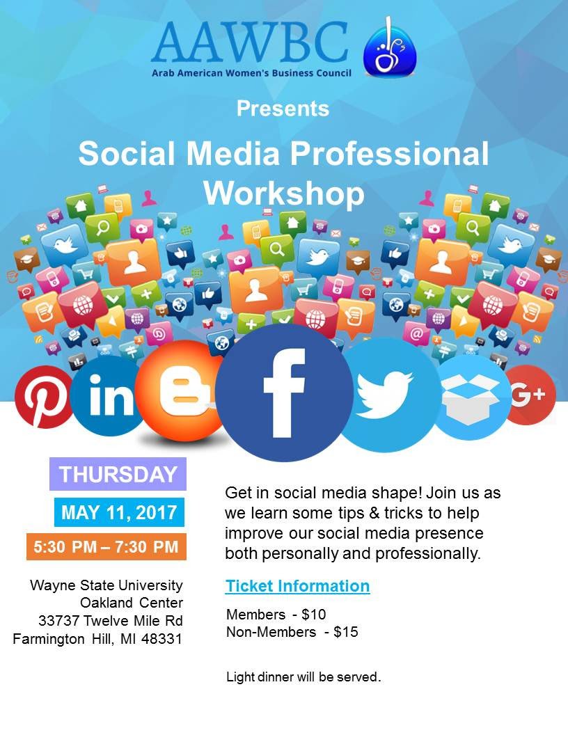 aawbc's tweet photo. Don't forget to join @aawbc for the Social Media Professional Workshop on Thursday May 11th @waynestate Oakland https://t.co/qg0XTGckGS