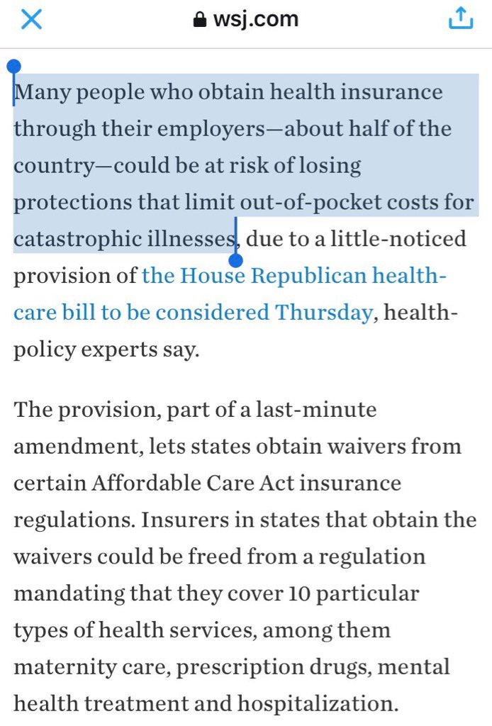 AJentleson's tweet photo. BREAKING: You are not safe just because you have employer-sponsored care.

HALF of Americans are at risk.

Via @WSJ https://t.co/ncdeAV246x
