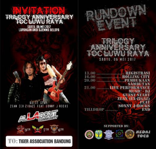 2.1)Undangan Trilogy Anniversary TOC (Tiger owners club ) Luwu Raya 
Sabtu 06 mei 2017
Jam . 13.00 sd selesai
at lapangan andi djemma belopa