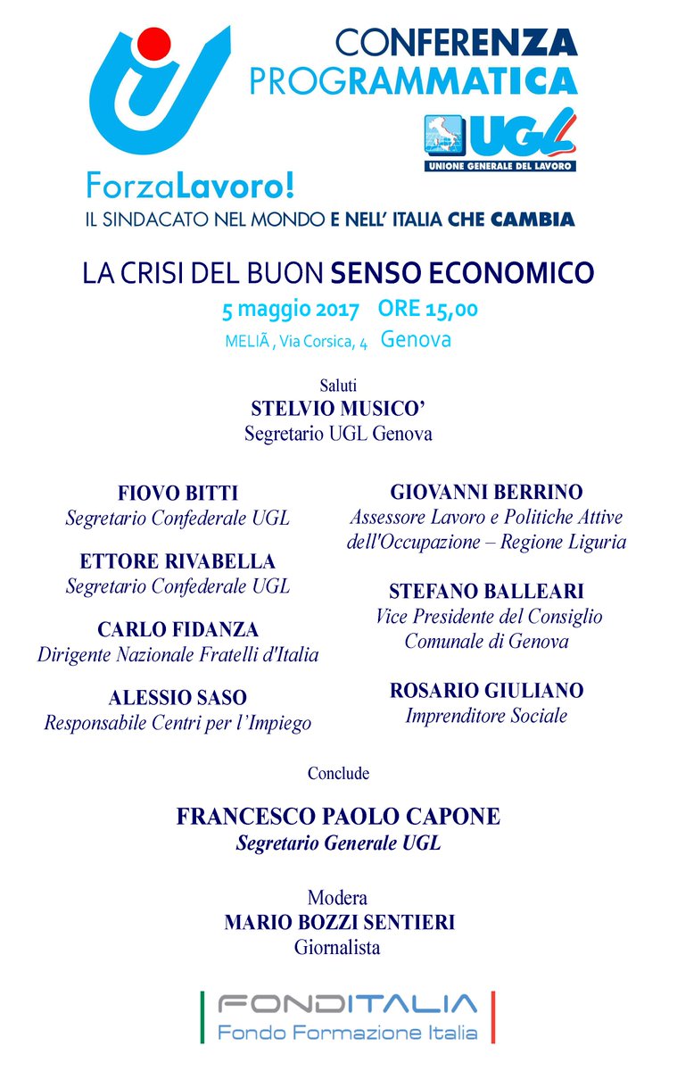 A #Genova il 5 maggio 8° Conferenza Programmatica #Ugl con <a href="/fpcapone/">Paolo Capone</a>   ugl.it/sindacato-ugl-…