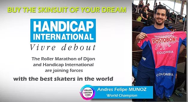 Nous sommes en partenariat avec Handicap International. Vente aux enchères, des combinaisons, signées par les champions. Info sur notre site