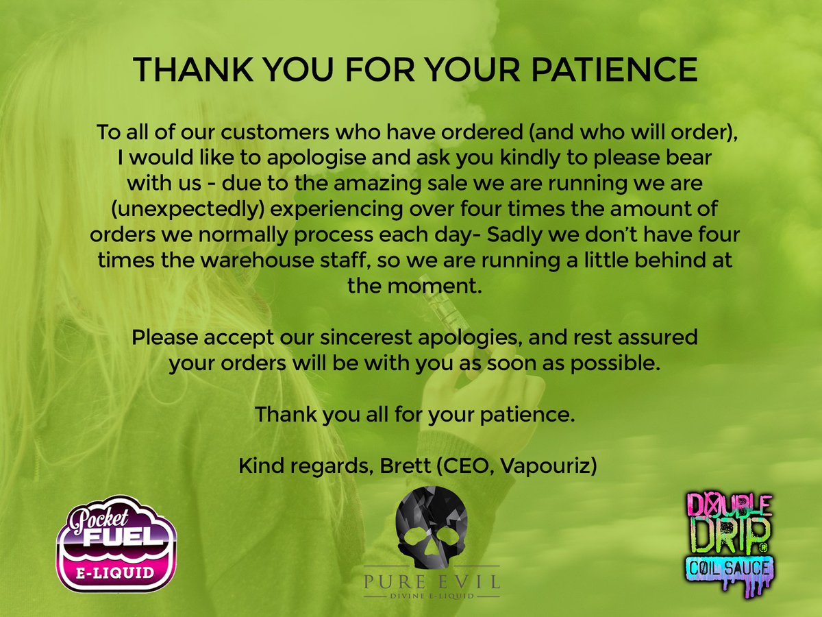 evilvapors's tweet photo. Our apologies to #vapefam still awaiting news on their orders. Please contact customer services w/ any questions you have: 01483779170 #vape https://t.co/imj9rU93CB