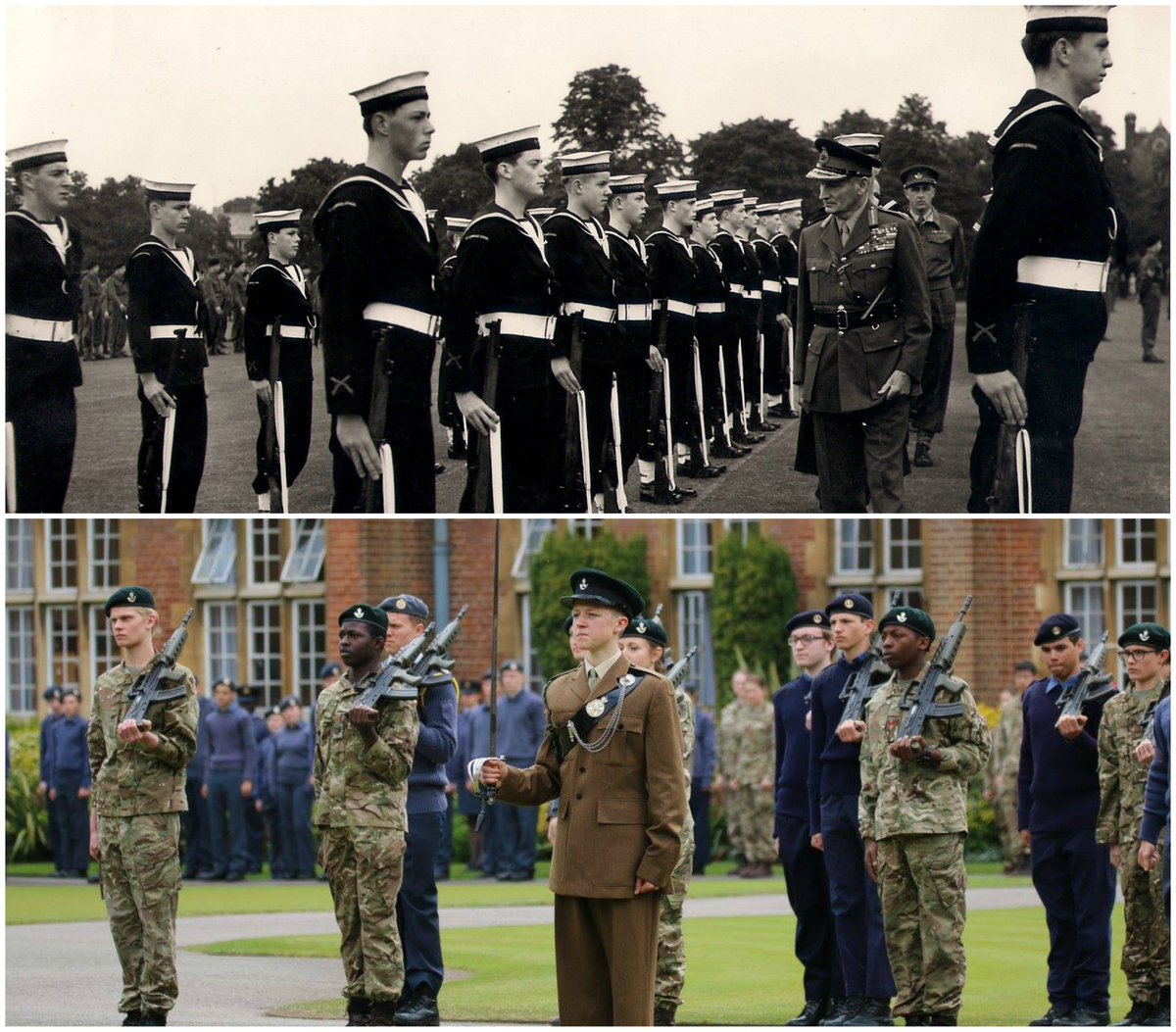 TeddiesRhubarb's tweet photo. #Throwbackthursday to 1958's CCF parade and last Friday's. @williamwebby looking ready for action! @TeddiesOxford https://t.co/bpLgFRVyiQ