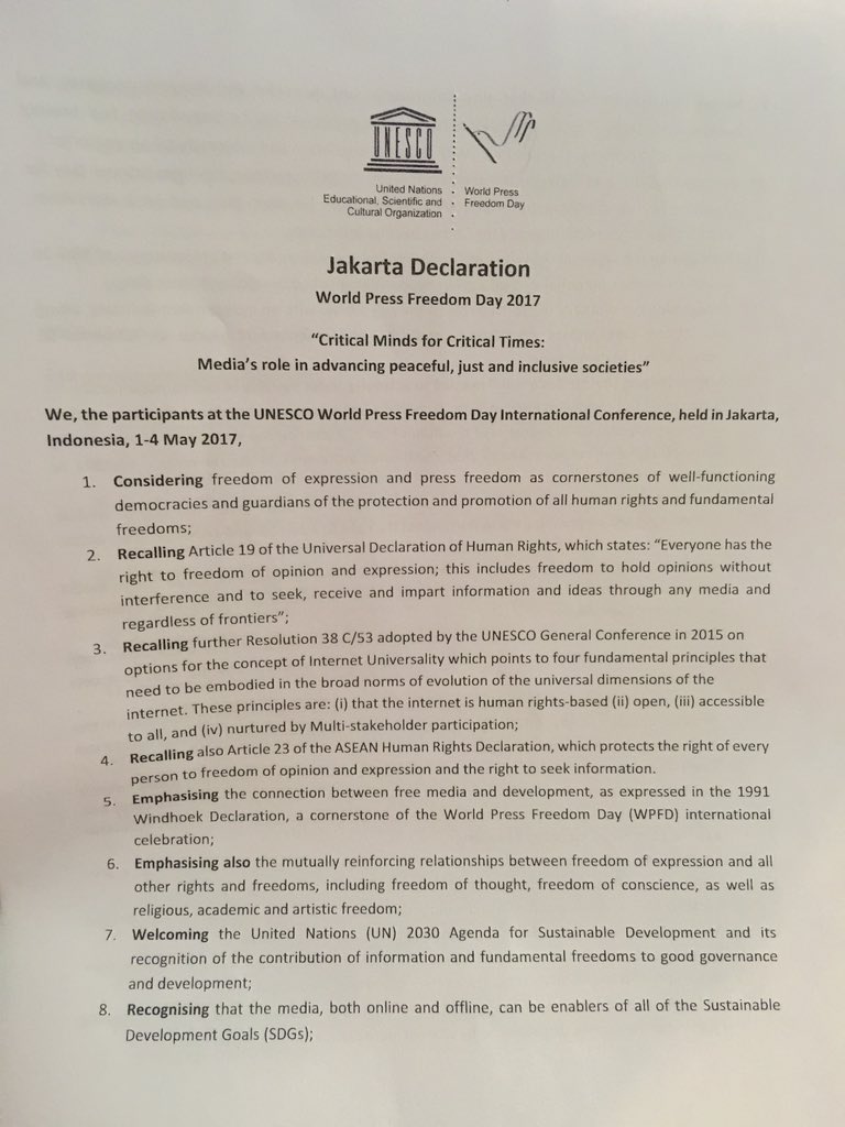 VOM_WPFD's tweet photo. The Jakarta Declaration. #WPFD2017 #VOM2017 https://t.co/gd2SNjEihZ