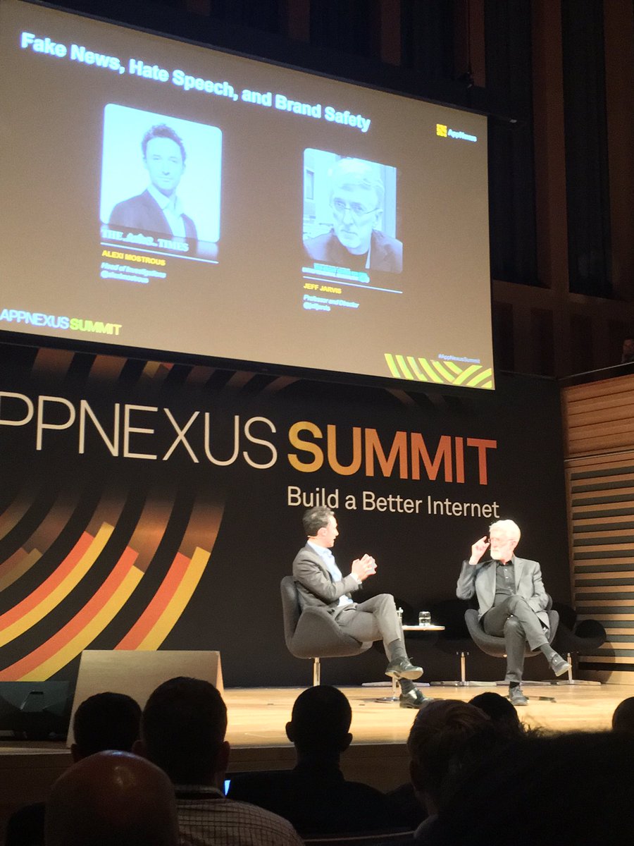 Watching <a href="/jeffjarvis/">Jeff (Gutenberg Parenthesis) Jarvis</a> and <a href="/AlexiMostrous/">Alexi Mostrous</a> talking about brand safety and fake news. #AppNexusSummit