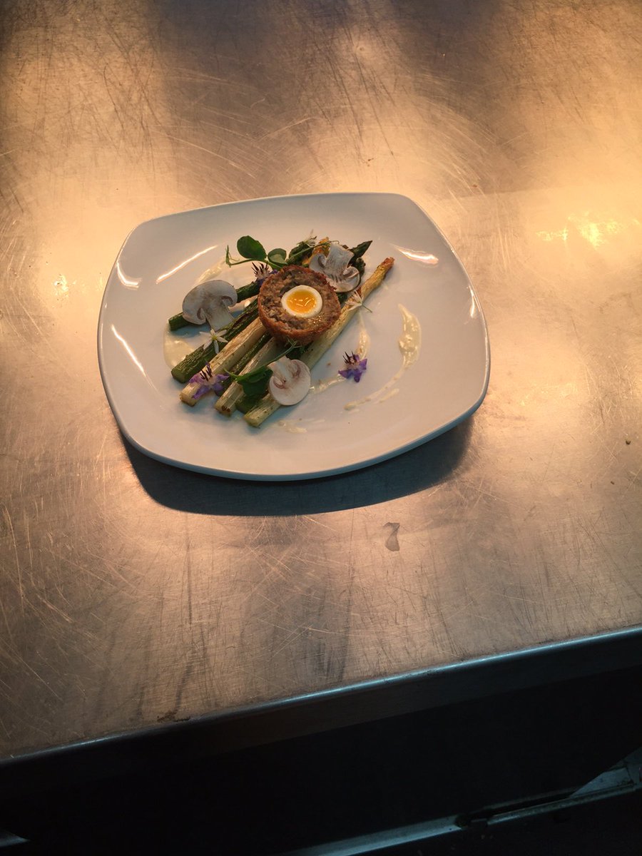BBQ Asparagus, wild garlic and nettle pesto, mushroom scotch egg, smoked Comte sauce #foodie #essex