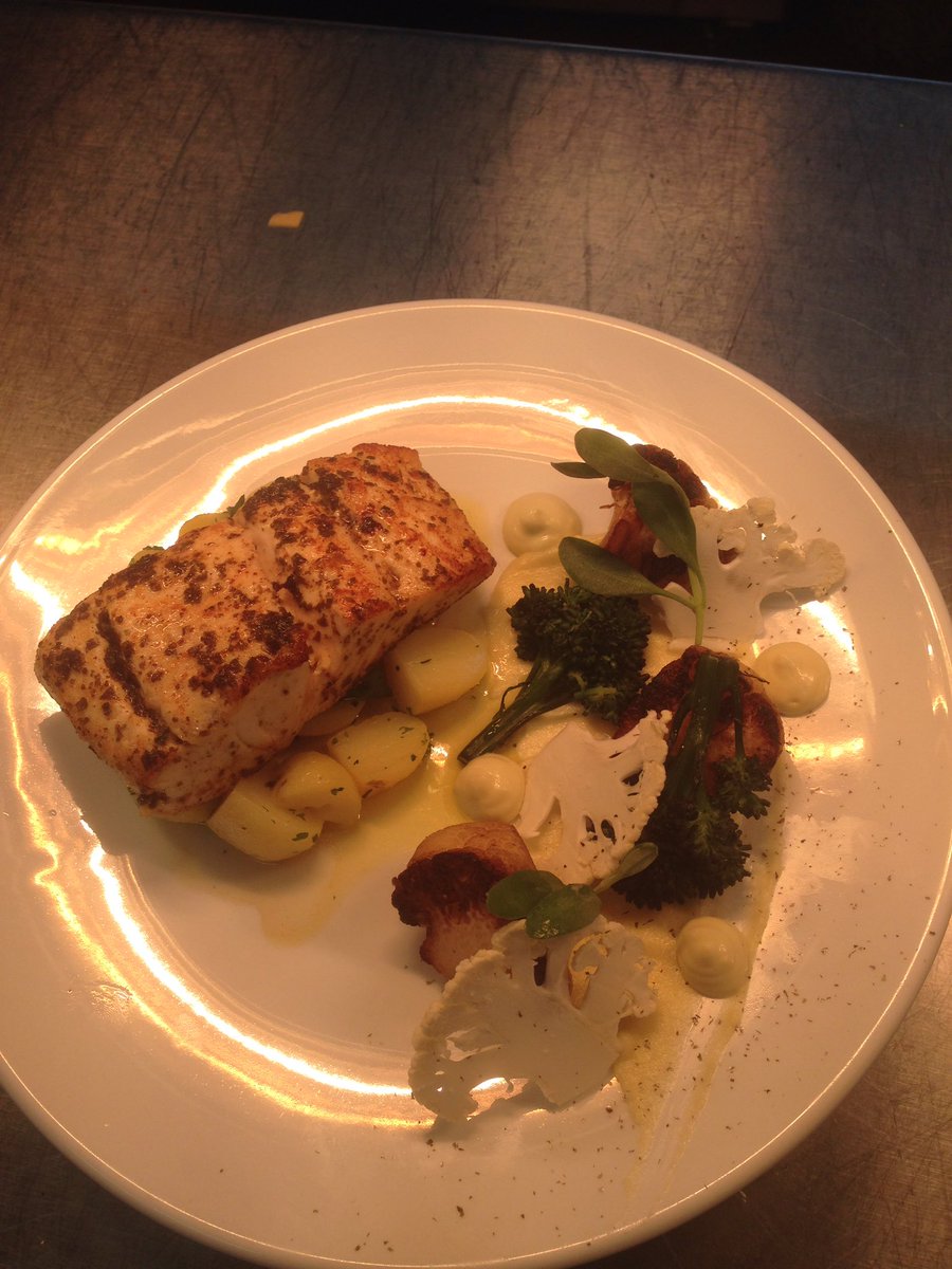 Another one. Pics not great! Halibut cooked in seaweed butter , brassicas, jersey royals , oyster emulsion, sea herbs #foodie #Essex
