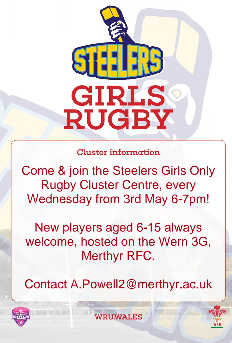 RugbySteelers's tweet photo. Still interested or know someone who is.. here is the details of the Girls only cluster #Steelers in @MerthyrTydfil #girlsonly #WRUcluster https://t.co/8hDZI0fRGy
