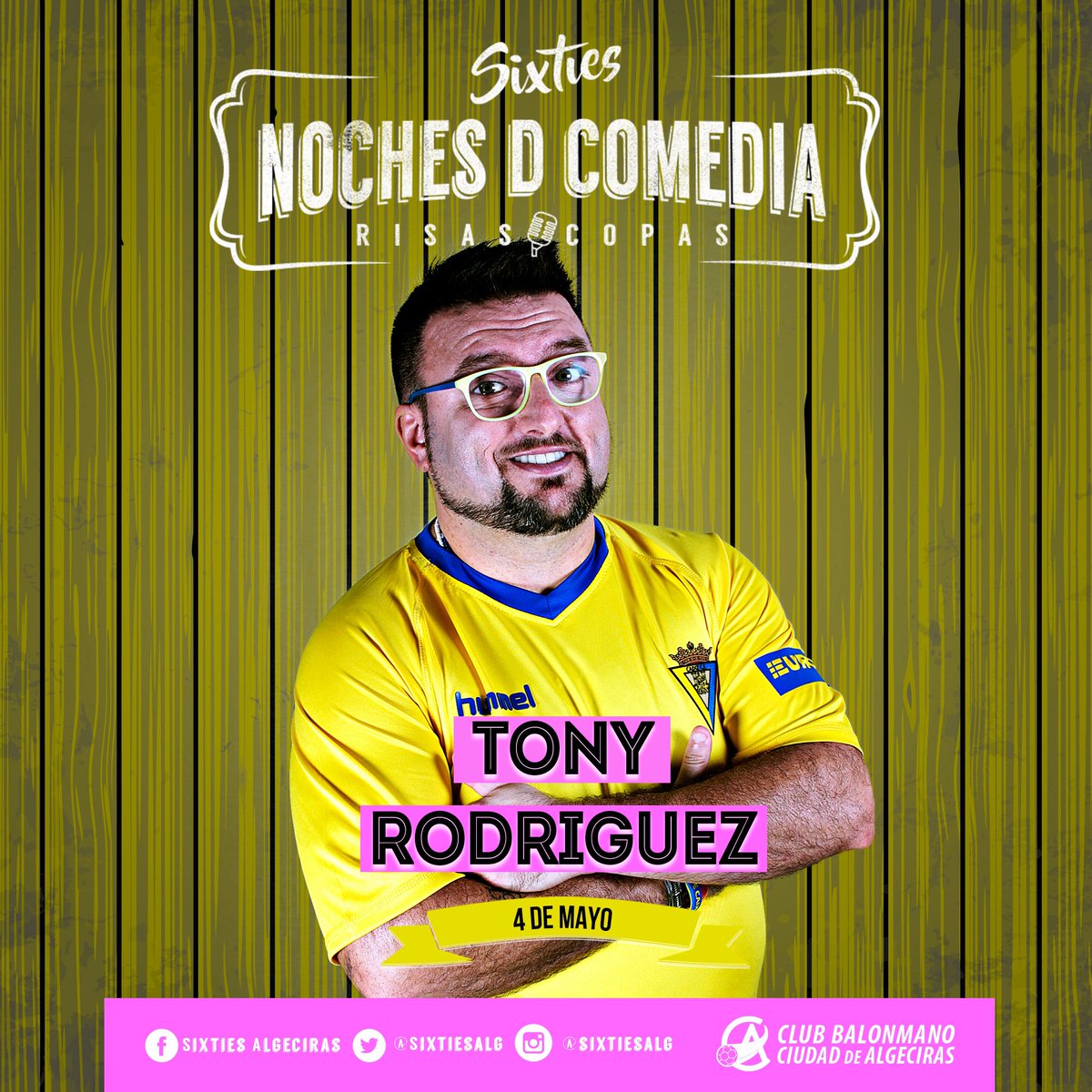 SixtiesAlg's tweet photo. HOY JUEVES 4 DE MAYO TENEMOS EN 🎙🎙🎙 NOCHES D COMEDIA 🎙🎙🎙 ⭐⭐⭐  TONY RODRÍGUEZ ⭐⭐⭐ 🍻🍷🍹🍾 SIXTIES - BAR DE COPAS 🍾🍹🍷🍻 @elgordodelcadiz https://t.co/m4QEbtREgL
