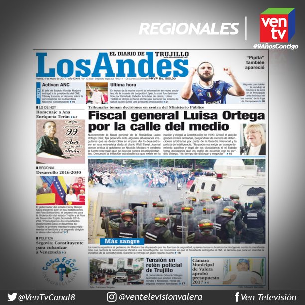 Esta es la Portada del <a href="/diariodlosandes/">Diario de Los Andes</a> #4Mayo #MasAllaDeLaNoticia con <a href="/NatachaAldana/">Natacha Aldana</a> por #VenTv y #SuperHit961