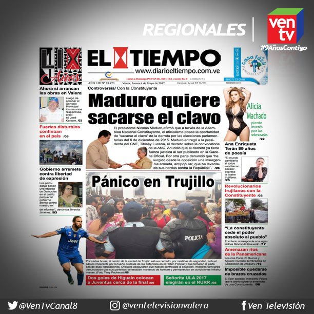 Esta es la Portada del <a href="/Diario_Tiempo/">Diario El Tiempo CA</a> #4Mayo #MasAllaDeLaNoticia con <a href="/NatachaAldana/">Natacha Aldana</a> por #VenTv y #SuperHit961