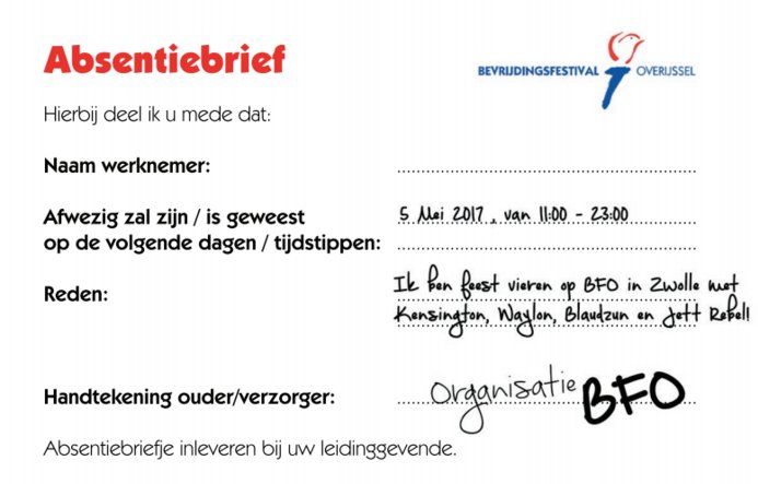 Ook een absentiebrief nodig voor het Bevrijdingsfestival te Zwolle? ''Geen probleem'' 😉 bit.ly/2qvk9mM #freedom #bevrijdingsdag