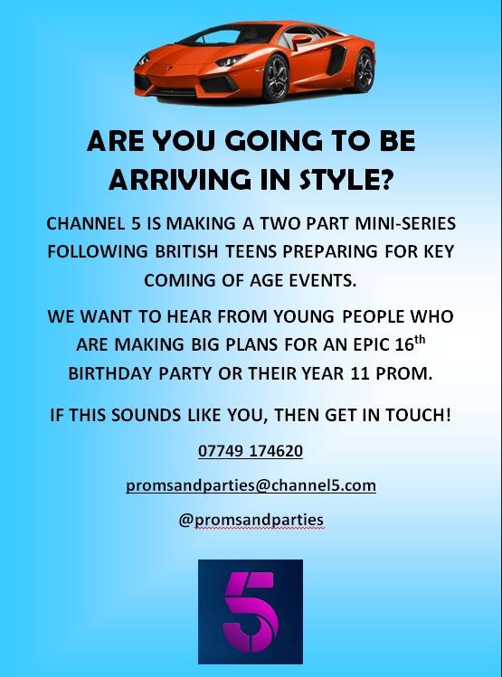 @RoadblockU18s PLS RT. Channel 5 are making a new doc series and want to hear from teens preparing for a #16thbirthday party or #year11prom