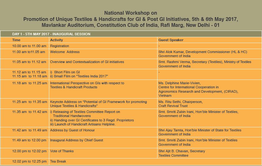 PIBTextiles's tweet image. Inauguration tomorrow: Nat'l Workshop on Promotion of #UniqueTextiles and #Handicrafts pib.nic.in/newsite/invita…