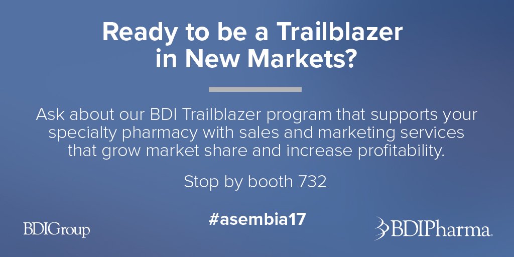 BDIPharma's tweet photo. BDI has been a pioneer in the growth of SPs over the last decade with our Trailblazer program. Stop by booth 732 at #Asembia17 for more info https://t.co/xuJSjIm2zn